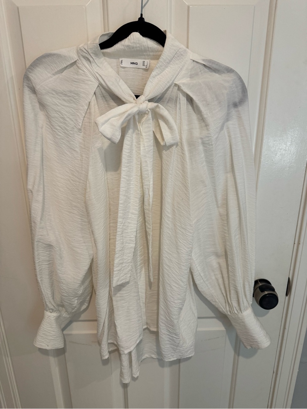Mango Ivory Tie-Neck Blouse with Balloon Sleeves